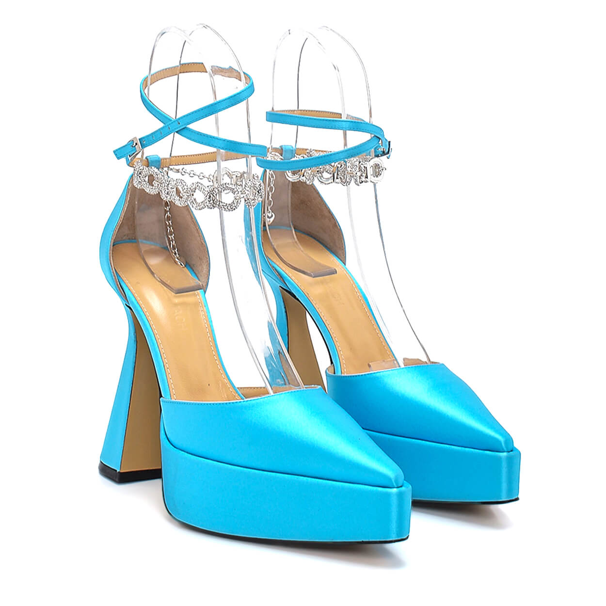 Mach & Mach - Turquoise Satin Crystal Embellished Chain Ankle Strap Platform Pumps 38